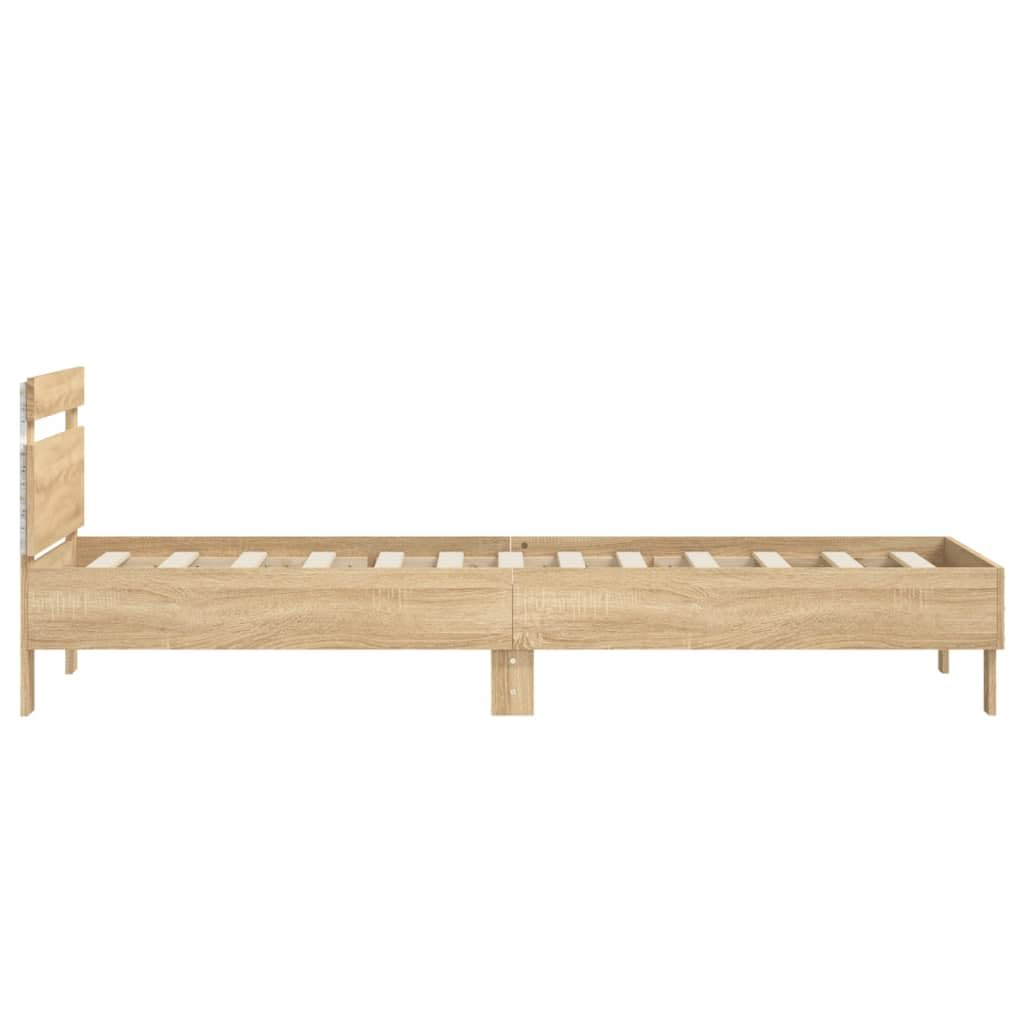 vidaXL Estructura de Cama con Cabecero Luces LED, Somier de Invitados, Armazón Marco de Cama, Mueble para Dormitorio, Roble Sonoma 90x190 cm