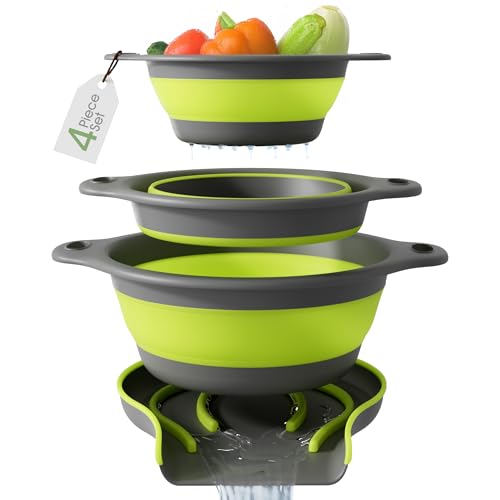 GEVOLI Passoires pliables (lot de 3) – Passoires alimentaires avec base auto-drainante pour évier, adaptées aux pâtes, fruits et légumes (3 L, 4 L, 5 L)...