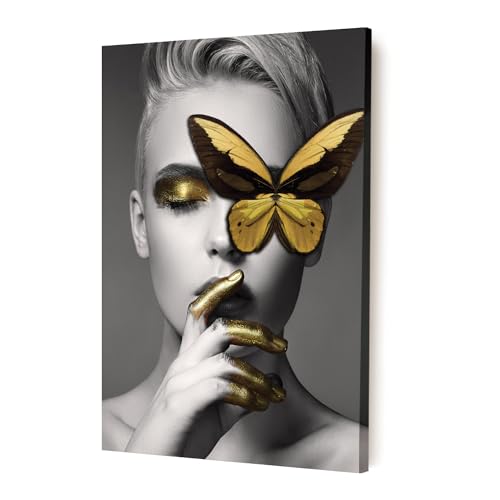 Image of PAINTINGMANTRA Stretched Modern Canvas Wall Art Painting, Women with Golden Butterfly Artwork for Living Room, Home, Bedroom, Office Decoration (Set of 1, 16x22 Inch)