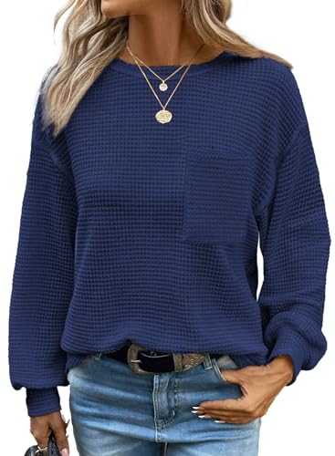 Image of Dokotoo Womens Waffle Knit Tops 2026 Oversized Long Sleeve Crewneck Shirts Business Casual Blouses Basic Shirts
