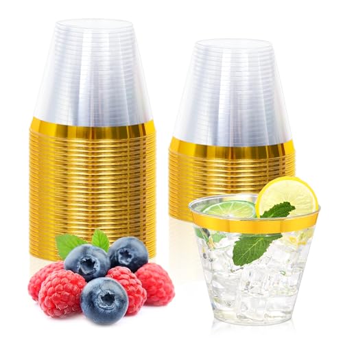 Image of 30 Pcs Gold Plastic Cups,9Oz Gold Rimmed Plastic Cups,Heavy Duty Gold Rim Clear Disposable Plasitc Cocktail Tumblers Wine Cup for Party,Wedding,Birthday,Christmas