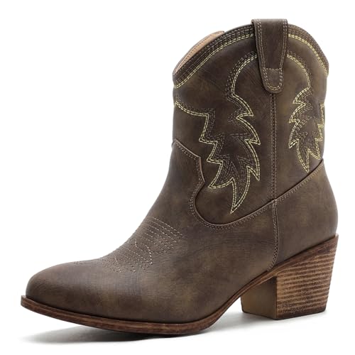 Image of GLOBALWIN Women's Cowgirl Boots Ankle Brown Cowboy Boots With Embroidered Stitching Low Heel Comfortable Western Boots For Country Outfits