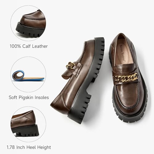 Image of BEAU TODAY Chunky Loafers for Women,Womens Platform Loafer Shoes,Chunky Heel Lug Sole Slip-on Metal Chain Shoes,Comfort Round Toe Business Work Office Shoes