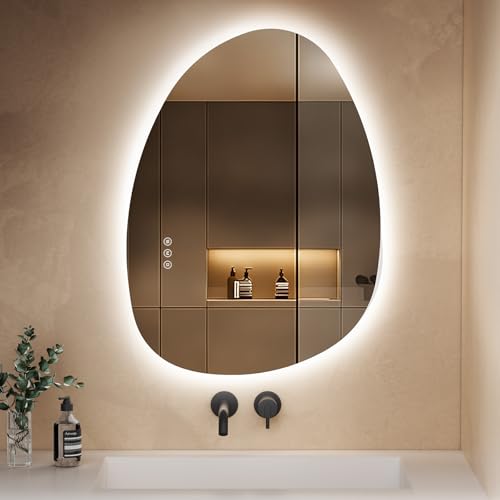 S'AFIELINA Spiegel mit Beleuchtung Asymmetrischer LED Badspiegel 75 × 55...