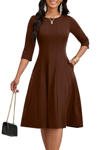Image of CLOCOR Casual Midi Dresses for Women A-Line Fit and Flare Elegant Church 3 /4 Sleeve Crew Neck Dress with Pocket