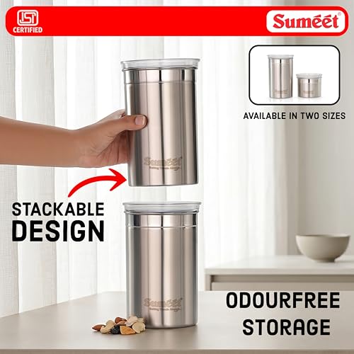 Image of Sumeet ISI Certified Stainless Steel Big Canisters /Dabba /Storage Containers for Kitchen with See Through Air Tight Lid - Set of 2 Pcs - 1100ml, 10cm Dia, Silver