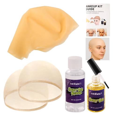 Bald Cap Halloween Makeup Kit Latex Bald Wig Cap with Spirit Gum Adhesive & Remover for Woman Man Kids Professional Bald Cap Set for Cosplay Sfx Halloween Costumes Party Theater look-with Instruction