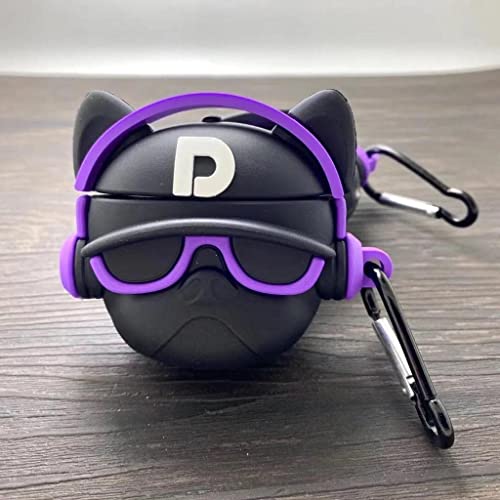 Image of Meyaar Earphone Case Cover Compatible for Realme Buds T300, Soft Silicone Skin Case Cover Shock-Absorbing Protective Case with Keychain (Front LED Visible) (Black Dog with Purple Band)
