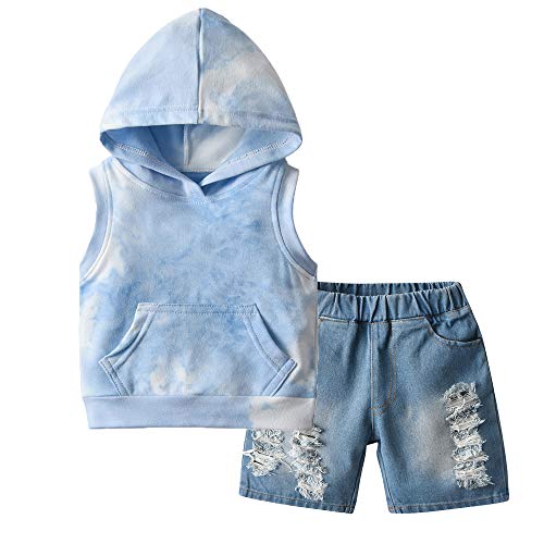 Tem Doger Unisex Baby 2pcs Tie Dye Clothe Set Sleeveless Hooded Sweatshirt+Jeans Shorts Toddler Boys Girls Outfit(Blue,90/18-24M)