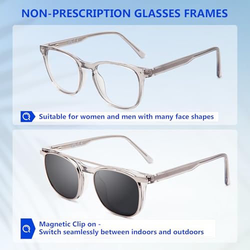 Image of DEHOTRE Non Prescription Glasses Eyeglasses Men with Magnetic Clip On TAC Polarized Sunglasses Acetate Frame Clear Lens Grey