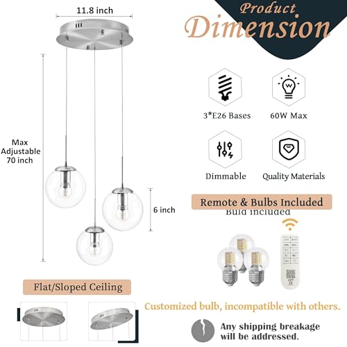 KoKo&Yukina 3-Light Brushed Nickel Globe Glass Pendant Light Modern Clear Globe Glass Chandelier Adjustable Length Pendant Lights Fixtures High Ceiling Light for Kitchen Island (Bulb & Remote Incl.) by KoKo&Yukina - Image 4