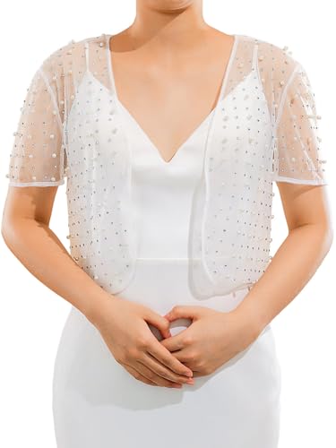 JONKY Pearl Rhinestone Cardigan Mesh See Through Bolero Sheer Short Sleeve Top for Bridal and Women