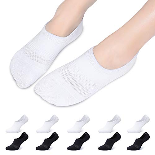 Falechay 10 Paires Chaussettes Basses pour Femmes, Invisible Socquettes Hommes de Sport en Coton Silicone anti-dérapant Noir+Blanc 35-38