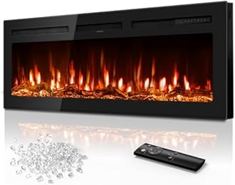 50 Inch Electric Fireplace in-Wall Recessed and Wall Mounted, Ultra-Thin Linear Fireplace Heater 750/1500W with Realistic Flame, Higher Temperatures & Lower Noise, Log Set & Crystal Options