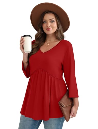 Image of OFEEFAN 3 /4 Length Sleeve Womens Tops 2026 Blouses for Women Dressy Casual Fashion Clothing V Neck Babydoll Tops Fall Outfits