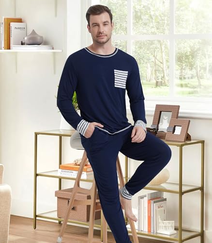 Image of NACHILA Mens Pajamas Set Long Sleeve Henley Sleepwear Top Soft Jogger Pants Pajamas Cool Pjs Set,Viscose Made from Bamboo