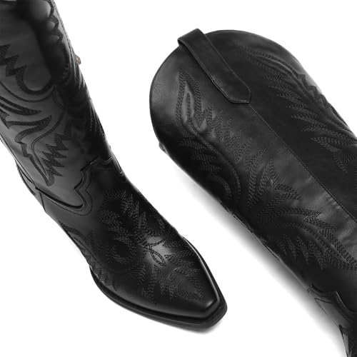 Image of Tscoyuki Cowboy Boots for Women: Embroidered Western Knee High Boots Women - Pointed Toe Chunky Heel Cowgirl Tall Boots