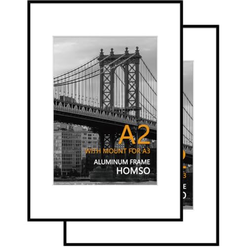 Homso A2 Frame in Black Set of 2, Metal Thin Board Poster Picture Frame with Acrylic Plexiglass for Pictures A2 with Mat or 11.7x16.5 without Mat for Horizontal and Vertical by Homso - Used condition - US$38.99