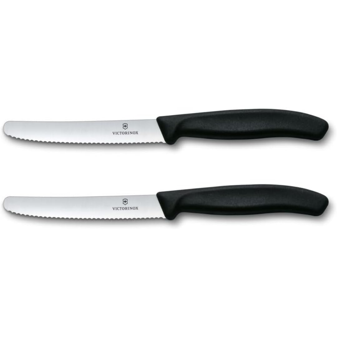 Victorinox Swiss Classic Breakfast Knife, Bread Roll Knife, Sharp Blade, Serrated Edge, 11 cm, Plastic Handle, Stainless Steel, Set of 2, Black