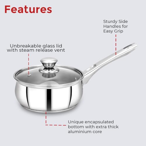 Image of Avias INOX IB Stainless Steel Saucepan with Glass Lid, Triply Induction Bottom, Induction & Gas Stove Compatible, Tea Pan, Milk Pan, Rust Proof Sauce Pan 14cm