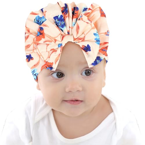 Image of BabyMoon Beanie Floral Bow Baby Boy's & Girl's Cap Kids | Toddler Infant Hat | Orange | 6-48 Months