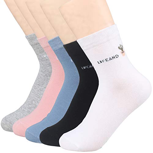 XSBQBC Womens Solid Color Soft Cotton Crew Socks Size 5-9 Pack of 5 (Solid 02)