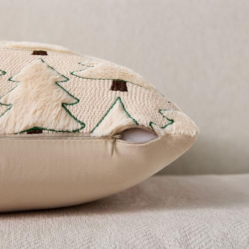Image of Allorry Christmas Pillow Covers 20x20 inch Set of 2 Christmas Decorations Soft Plush Faux Fur Wool Beige Xmas Tree Throw Pillow Cases Winter Holiday Decor for Sofa Living Room PT-012C20