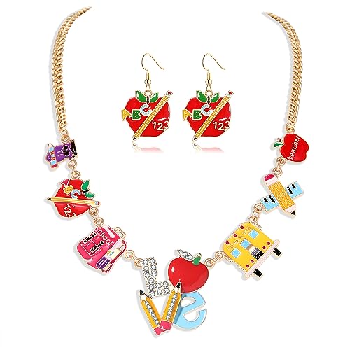 YAHPERN Teacher Necklace Earrings Bracelet for Women, Teacher Accessories, Cute Pencil Book Charms Bracelet Choker Necklace Earrings teacher Appreciation Gifts Back To School Jewelry