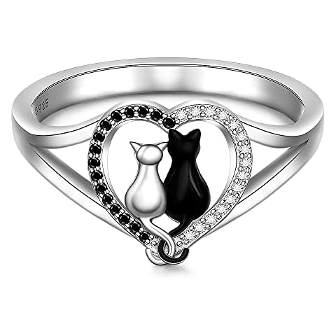 Cat Ring Cat Rings Women Sterling Silver Kitty Rings for Women Cat Rings Heart Animal Black White Cats Kitten Birthday Gifts for Her Size 6, Sterling Silver, Cubic Zirconia Cover