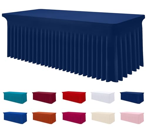 Image of Smiry Spandex Elastic Fitted Table Cloth Skirt for 6FT Rectangle Table | Stretch Washable Table Cloth, Banquet Table Cover for Wedding, Party, Indoor & Trade Shows, (Navy, 72Lx30Wx30H)