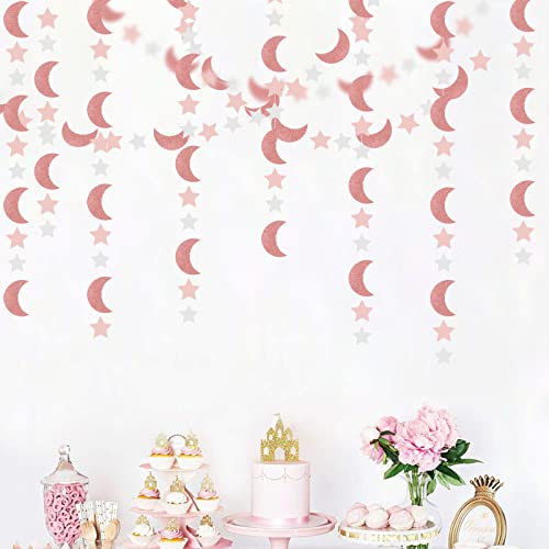 Image of Pink Rose-Gold Moon-Star Party-Decorations Garland - 52Ft Twinkle Little Star Hanging Decoration Streamers Banner, Eid Ramadan Mubarak Decoration Birthday Wedding Baby Shower Party Decor Panduola