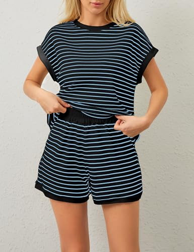 Image of MISSACTIVER 2 Piece Lounge Set Women Stripe Knit Short Sleeve Tee Shirts Shorts Casual Summer Loungewear Shorts Sets