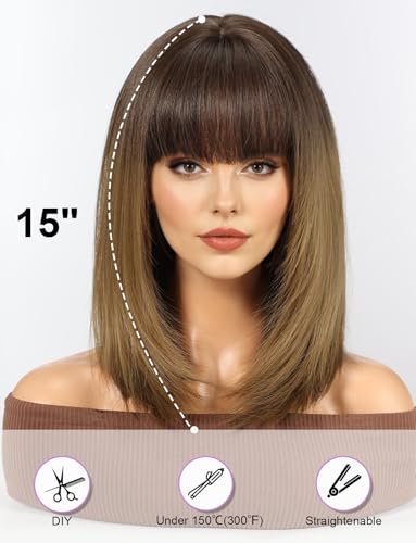 WOKESTAR Staright Wig with Fringe Synthetic Mid-length Layered Wigs for Women Ombre Brown Color, 22 inches - Image 3