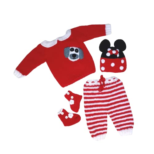 MOTHER WARMTH Handmade Crochet Pyjamas Cap Sweater with Shoe for Boys & Girls for Wedding Birthday Party Photography Baby Showers New Born 0M-2Y (0 Months - 6 Months, RED)