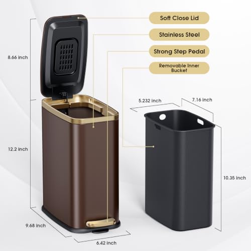 Image of CEROELDA Small Bathroom Trash Can with Lid-5L /1.3 Gal-Soft Close Lid-Brown