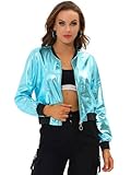 Allegra K Women's St. Patrick's Day Sparkly Holographic Lightweight 90S Halloween Shiny Metallic Bomber Jacket Large Blues