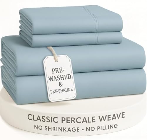 LANE LINEN Queen Bed Sheets – Long-Staple 100% Cotton, Naturally Cooling Sheets Queen Set in Percale Weave, Hotel Luxury Finish, Durable for Daily Use, 15” Deep Pocket, No Pill – French Blue