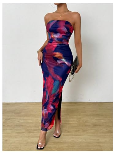 Image of GORGLITTER Women's Floral Strapless Bodycon Wedding Guest Dress Vacation Summer Birthday Tropical Maxi Long Sun Dresses