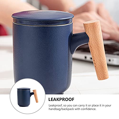 Cabilock Caneca de café de cerâmica com tampa e cabo de madeira, copo de cerâmica para chá azul, can