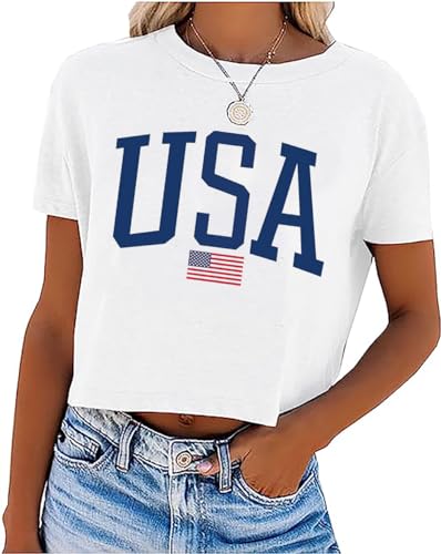 Womens American Flag Crop Tops 4th of July Patriotic Tshirt Casual Short Sleeve Crop Tee Teen Girls Crop Top (XXL White2)