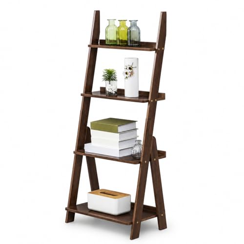 Maydear Bamboo Ladder Shelf Bookcase, 4-Tier Leaning Bookshelf Free Standing Organizer Storage...