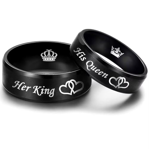 Her King His Queen Couple Ring Promise Wedding Band Heart to Heart Crown Stainless Steel Ring 6mm 8mm Comfort Fit Size 6-13