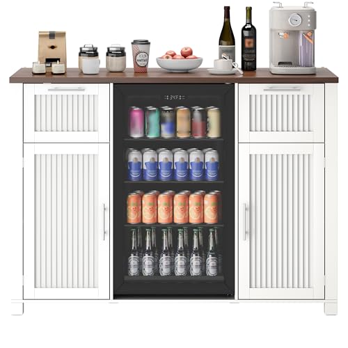 Image of 53 inch Long Fluted Mini Fridge Cabinet with Power Outlet & 2 Drawers, White