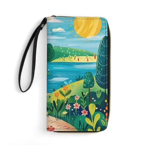 Rural Landscape Painting Leather Wallet Smooth Zip Around Clutch Wristlet Travel Long Soft Purse for Women