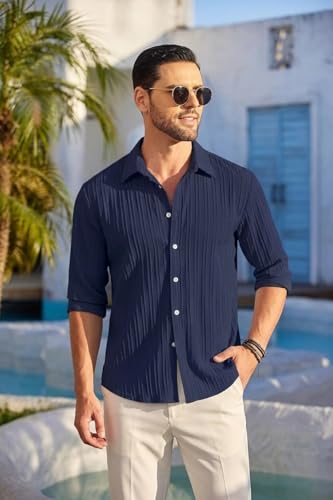 Image of FINIVO FASHION Men's Casual Cotton Polyester Blend Plain Button Down Shirt Long Sleeve Textured Summer Beach Shirt for Men