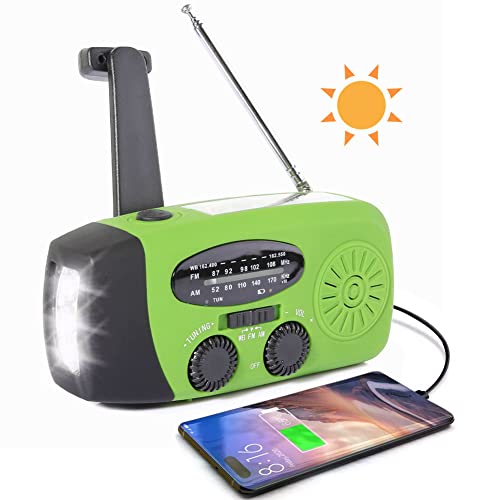 Tragbare Solar Radio, Handkurbelradio, 2000 mAh Draussen Camping Radio Solarbetriebenes Radio AM/FM mit Taschenlampe Funktion, Grün