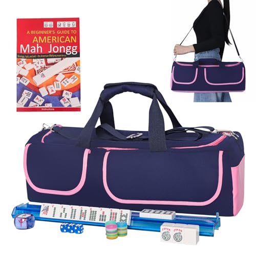 TIASUSAN American Mahjong Game Set, 166 White Tiles, Blue&Pink Canvas Bag with Entire Accessories, 4 All-in-One Rack/Pushers, Mahjong Tiles Set