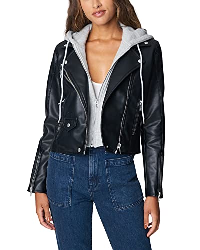 [BLANKNYC] womens Vegan Leather Moto Jacket With Removable Hood, Comfortable & Stylish Coat