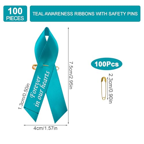 CRAFFANCY WANDIC 100pcs Teal Ribbon Pins Ovarian Cancer Awareness Badges Cervical Cancer Brooch Memorial Ribbon Badges in Forever in Our Hearts for Funeral Mourning Event Bereavement Remembrance - Image 2