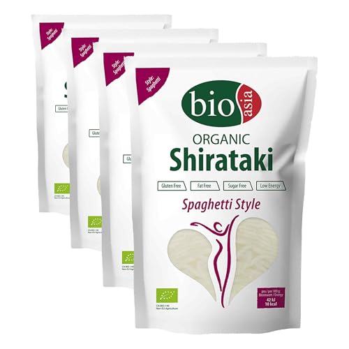 BIOASIA Espaguetis Shirataki ecológicos, fideos hechos con harina de konjac ecológica, bajo en calorías, sin azúcar, grasa ni gluten, 1 x 270 g (Paquete de 4)